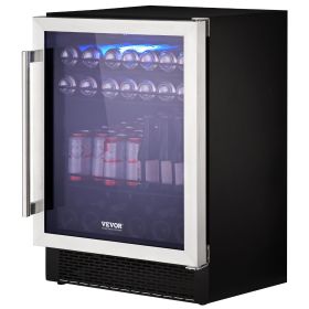 24" Beverage Refrigerator, 154 Cans Under Counter Built-in or Freestanding Beer Cooler Fridge, Blue LED Light, Child Lock, Adjustable Shelves, ET
